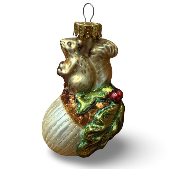 Vintage UT Squirrel Acorn Christmas Ornament Y2K Hand Painted Glass Gold Glitter - Picture 1 of 5